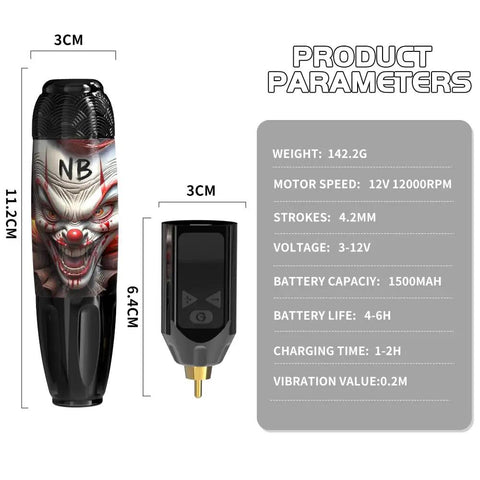 Wireless Tattoo Pen Kit With 10 Tattoo Needles And 7 Inks, clown design, showing dimensions and specifications
