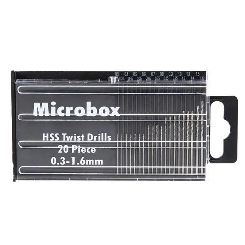 20 Piece HSS Mini Drill Bit Set 0.3mm To 1.6mm Shank Twist Drill Bits in clear storage box