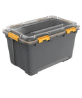 Toss Your Gear In This Heavy Duty 5.28 Gallon Waterproof Plastic Storage Tote Bin with yellow latches for outdoor use.