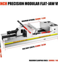 6-Inch precision modular flat-jaw vise with 300mm max opening for CNC machining, heavy-duty steel construction.