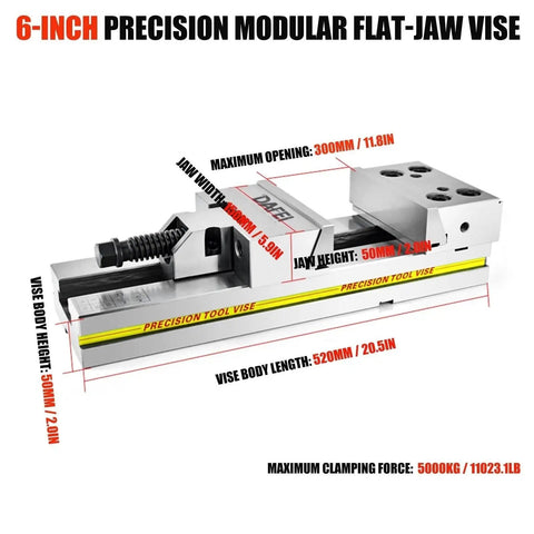 6-Inch precision modular flat-jaw vise with 300mm max opening for CNC machining, heavy-duty steel construction.