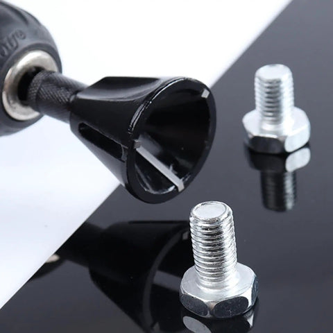 Close-up of Carbide Deburring Tool For Chamfering External Edges On Threaded Rods Bolts And Pipes next to bolts