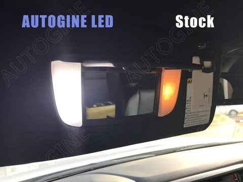 Comparison of 6000K White LED Interior Light Kit for Toyota Tacoma 2016-2022 with stock vanity mirror light, showing brightness difference.
