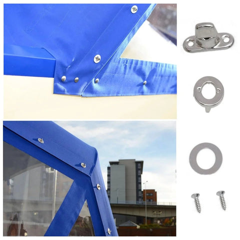 Meuey Lyot marine twist-lock fasteners; stainless steel snaps with screws on blue canvas (12-piece set)