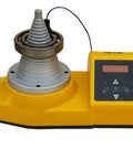 Front view of WIKINK bearing induction heater, cone-style, yellow benchtop unit with 2 kW coil and digital display