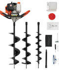 Gas Powered Post Hole Digger That Is A Workhorse With 4, 6, And 8 Inch Auger Bits For Fence Posts And Tree Planting, 52cc Two Stroke Engine Delivers 1460W Power, Low Vibration, Easy Start shown with accessories and auger bits