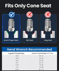 Diagram showing acorn taper seat compatibility for 12x1.5 Lug Nuts Six Spline Closed End Chrome Acorn Lug Nuts with torque chart.