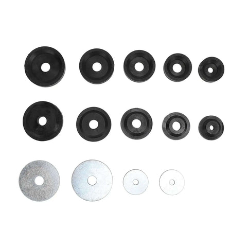 Hydraulic Sheet Metal Hole Punch Set With 3D Printed Dimple Die Kit And Steel Carrier Discs arranged in a grid layout