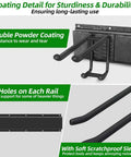 Detailed view of heavy duty garage tool organizer with 48 inch rails and six double layer hooks, featuring coating durability.