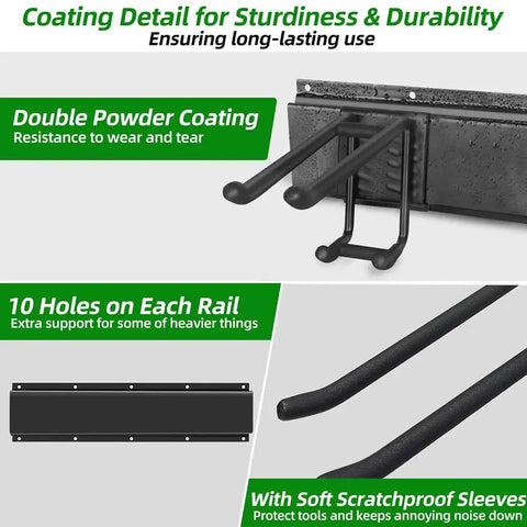 Detailed view of heavy duty garage tool organizer with 48 inch rails and six double layer hooks, featuring coating durability.