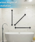 Kick Up Your Safety Game With This Heavy Duty Wall Handrail 3 Feet Long installed in a bathroom at various angles.