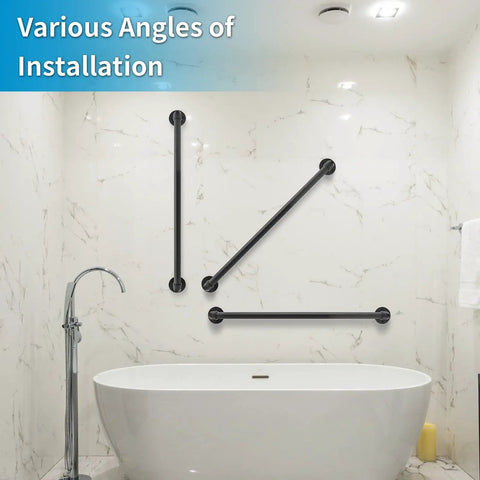 Kick Up Your Safety Game With This Heavy Duty Wall Handrail 3 Feet Long installed in a bathroom at various angles.