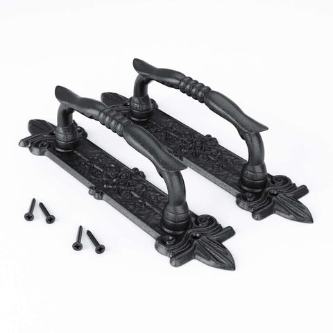 Heavy Duty 9 Inch Antique Barn Door Handle Set Of 2, Big Rustic Carved Door Pull For Gates Garages And Sheds, Black Powder Coated Finish