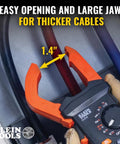 Digital Clamp Meter With True RMS And LoZ Auto Ranging For AC And DC Voltage showing large jaw opening for thick cables