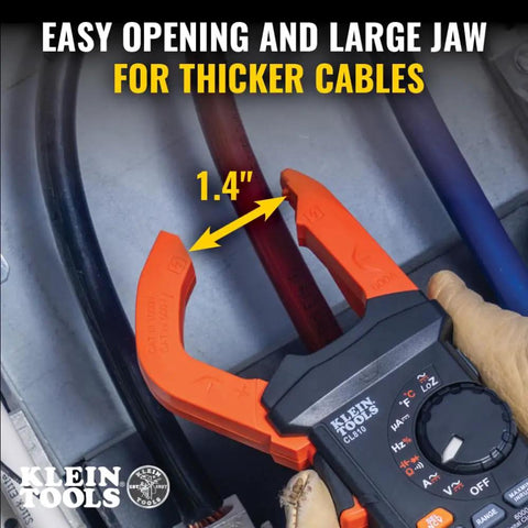 Digital Clamp Meter With True RMS And LoZ Auto Ranging For AC And DC Voltage showing large jaw opening for thick cables