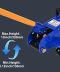 Low Profile 2 Ton Floor Jack Built Tough With Heavy Duty Steel Hydraulic System, Quick Lift Single Piston Pump, Lifting Range 5.31 In To 13 In, Portable Car Jack For Cars And SUVs, Blue showing minimum and maximum height measurements in close-up.