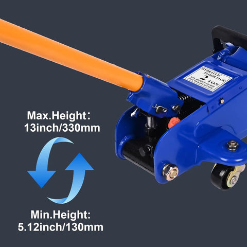 Low Profile 2 Ton Floor Jack Built Tough With Heavy Duty Steel Hydraulic System, Quick Lift Single Piston Pump, Lifting Range 5.31 In To 13 In, Portable Car Jack For Cars And SUVs, Blue showing minimum and maximum height measurements in close-up.