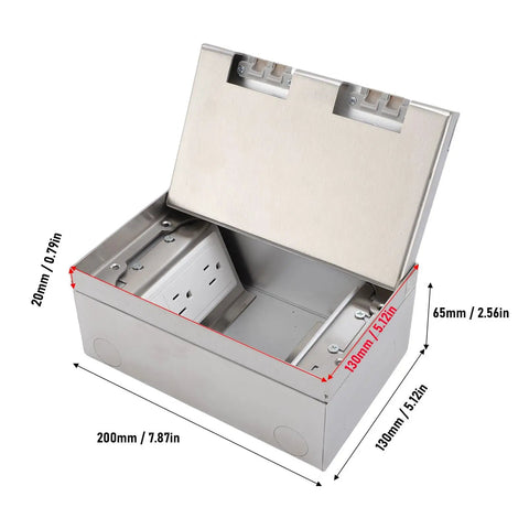 No Hassle Recessed Floor Electrical Outlet Kit Sporting Four Slick Power Sockets Forged From Heavy Duty Stainless Steel, open view.