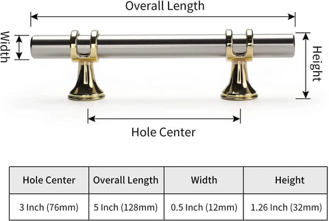 10 Pack Brushed Nickel And Gold Cabinet Pulls For Kitchen Cabinets And Furniture 3 Inch Two Tone Drawer Pulls with dimensions