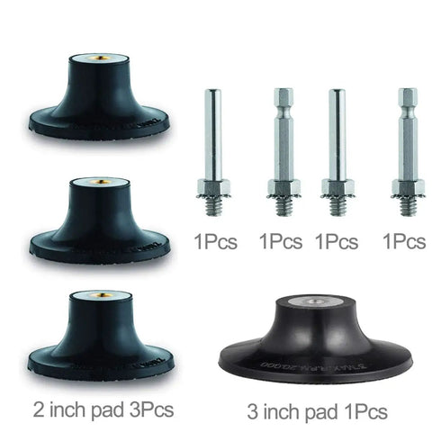Easy Twist On Quick Change Disc Pad Holder Kit with 4 pack 2/3 inch pads and nickel-plated shanks for die grinder tools.