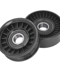Ultimate 2 Piece Drive Belt Idler Pulley Set For Your Ride, two black plastic pulleys with metal bearings for smooth operation.