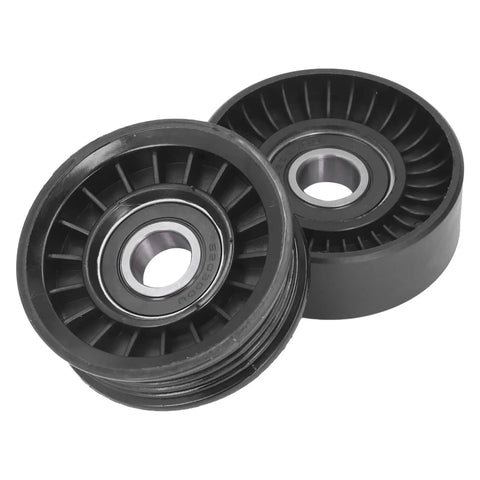 Ultimate 2 Piece Drive Belt Idler Pulley Set For Your Ride, two black plastic pulleys with metal bearings for smooth operation.