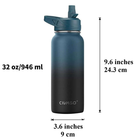 32 Oz Insulated Water Bottle With Straw Spout And Handle Lid Stainless Steel Sports Flask, black