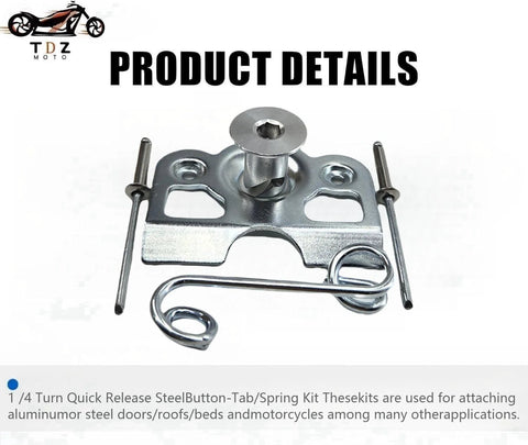 Front view of 10-pack chrome Dzus fastener kit with mounting plate, springs and rivet tabs