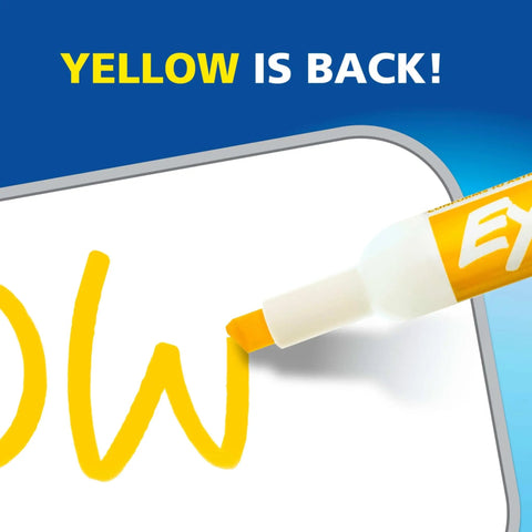 Fresh Top Shelf Dry Erase Markers With Low Odor Slick Smooth Glide Formula, Badass Durable Chisel Tips, Hella Vibrant Clean Erasable Whiteboard Pens, 12 Count Supply Stack showing yellow chisel tip on whiteboard.