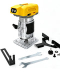 Built Like A Tank Cordless Trim Router With 800W Brushless Motor And 30000 Rpm Five Speeds with accessories for woodworking.