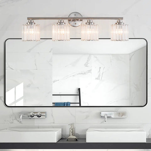 Modern Brushed Nickel Vanity Lights 32 Inch 4 Light Crystal Shade Industrial Sconce Wall Lamp For Bathroom Mirror Makeup Desk