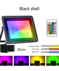 JUDYSSY Led RGB Flood Light 50W in black shell with colorful light effects and remote control for outdoor use.