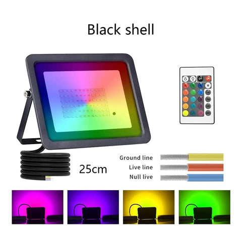 JUDYSSY Led RGB Flood Light 50W in black shell with colorful light effects and remote control for outdoor use.