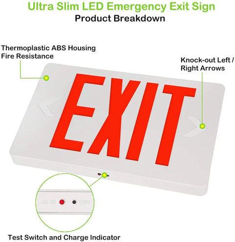 Lit Ultra Slim LED Exit Sign Dual Face 2 Pack Red Letter Emergency Exit Lights 120V-277V with flame retardant ABS housing and indicators.