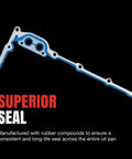 Engine Oil Pan Gasket Set With PermaDry Molded Rubber And SnapUps For Chevy K1500 Replacement Kit That Stops Leaks Keeps Seal Tight And Makes Oil Maintenance A Breeze. Blue rubber oil pan gasket with superior seal text