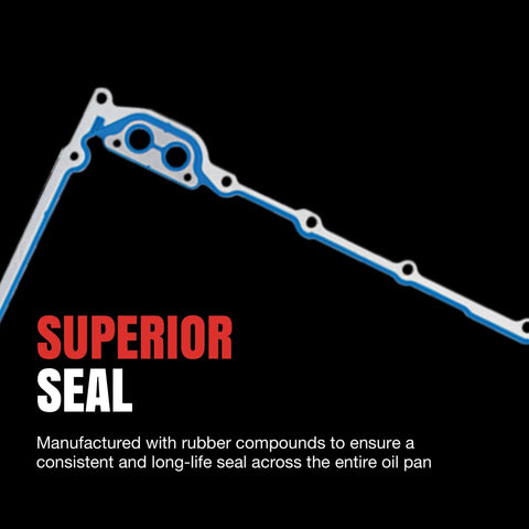Engine Oil Pan Gasket Set With PermaDry Molded Rubber And SnapUps For Chevy K1500 Replacement Kit That Stops Leaks Keeps Seal Tight And Makes Oil Maintenance A Breeze. Blue rubber oil pan gasket with superior seal text