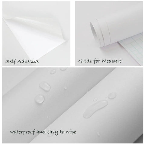 Solid White Peel And Stick Wallpaper 24x196 Inches Matte Vinyl Contact Paper showing self-adhesive, grids, and waterproof features.