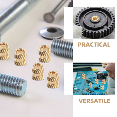 Grab 100 Pack of Solid Copper Heat Set Inserts With Knurled Threads For Heavy Duty Screws Embedment That Stick Like A Champ In Any Project Without Fail on a workbench with screws.