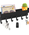 Compact Wall Mount Key Holder With Tray And Six Hooks Black Finish Easy Two Mount Options With Adhesive Tape Or Screws Durable Key Organizer For Entryway Or Kitchen That Keeps Keys And Small Accessories In Check And Ready To Grab holding keys and mail