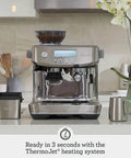 Barista Pro Espresso Machine With Built-In Grinder And 4 Keys Formula shown on kitchen countertop, sleek black truffle finish, dose control grinding