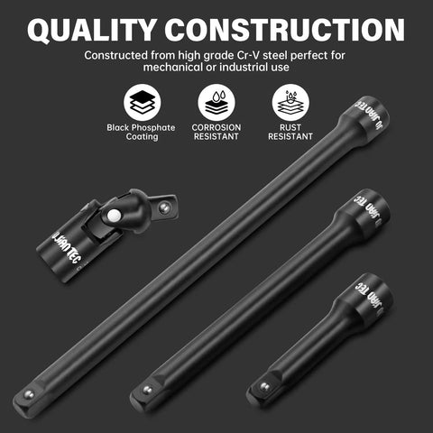 Heavy Duty Four Piece Three Eighths Inch Drive Impact Extension Bar Set With Universal Joint, CRV Steel, phosphate finish.