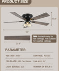 52 Inch Flush Mount Farmhouse Ceiling Fan With Remote And Reversible Wood Blades showing product size and features.