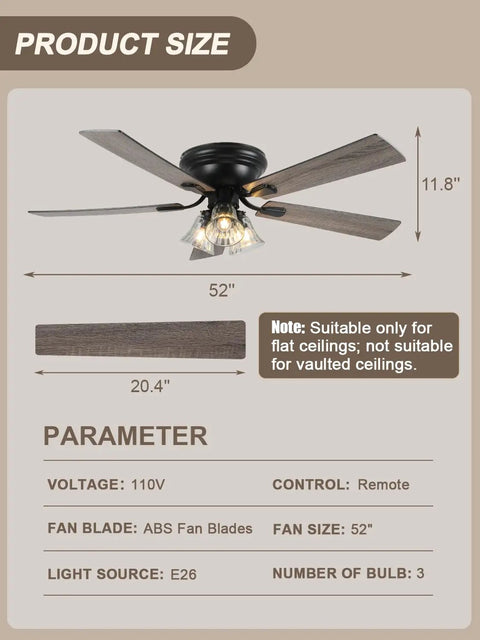 52 Inch Flush Mount Farmhouse Ceiling Fan With Remote And Reversible Wood Blades showing product size and features.