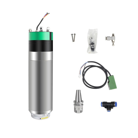 Top Shelf 3.5KW Bt30 Water Cooled Spindle Motor With Automatic Tool Change Built For CNC Routers Cranks Out Smooth 18000RPM Power Plug And Play Ready components layout including spindle motor, BT30 holder, and tools.
