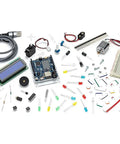 R4 Uno Starter Kit for Electronics and Coding With Uno R4 WiFi Board 13 Hands On Projects in a Printed Book Plus Growing Online Resources and Official Certification Voucher including components like circuit board, LCD screen, wires, and breadboard