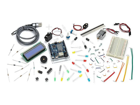 R4 Uno Starter Kit for Electronics and Coding With Uno R4 WiFi Board 13 Hands On Projects in a Printed Book Plus Growing Online Resources and Official Certification Voucher including components like circuit board, LCD screen, wires, and breadboard