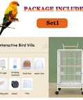 Spacious White Bold Wire Bird Cage On Smooth Rollaway Stand For Lovebirds Cockatiels Featuring Open Top Entry and Accessories.