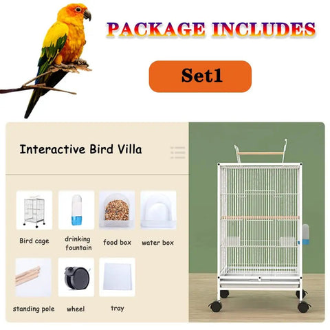 Spacious White Bold Wire Bird Cage On Smooth Rollaway Stand For Lovebirds Cockatiels Featuring Open Top Entry and Accessories.