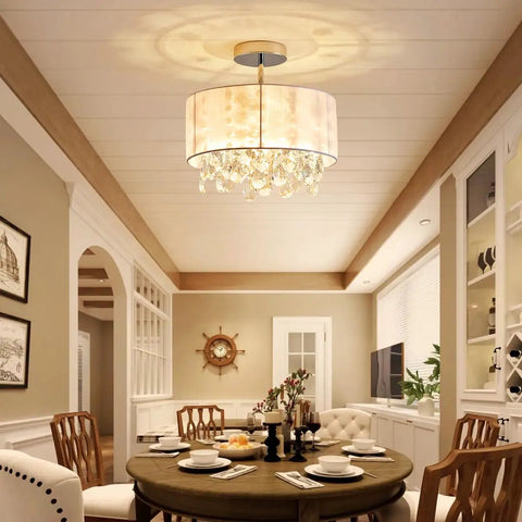 Dope Modern Crystal Chandelier Ceiling Light Fixture With White Fabric Shade And Chrome Finish, 13 Inch Diameter By 14 Inch Tall, E26 Socket, Living Room Lighting, Drum Style Ambient Lighting