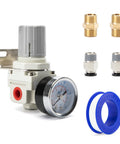 Shop Ready Pro Grade One Quarter Inch NPT Air Regulator With Gauge, locking knob, fittings, and tape displayed